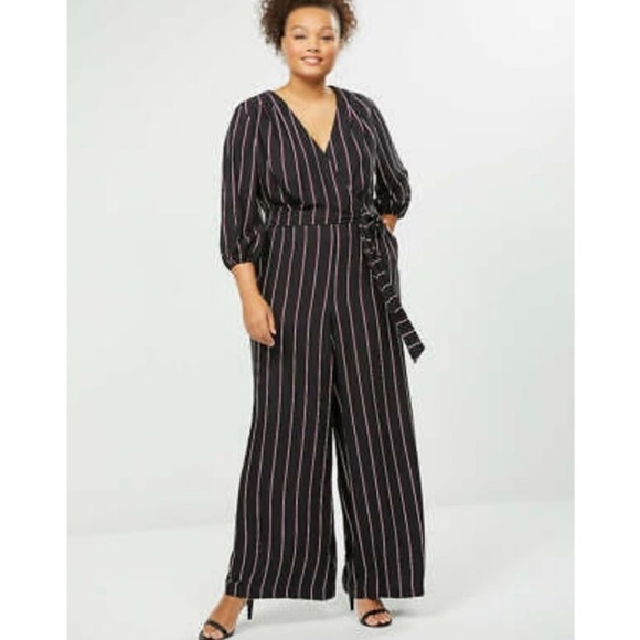 Lane Bryant Black and Silver Maxi Gown with Tie Front and Long Bishop Sleeves